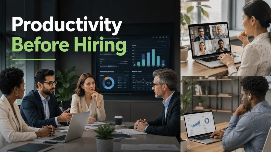 Business leaders reviewing workforce productivity and hiring strategy in a modern workplace