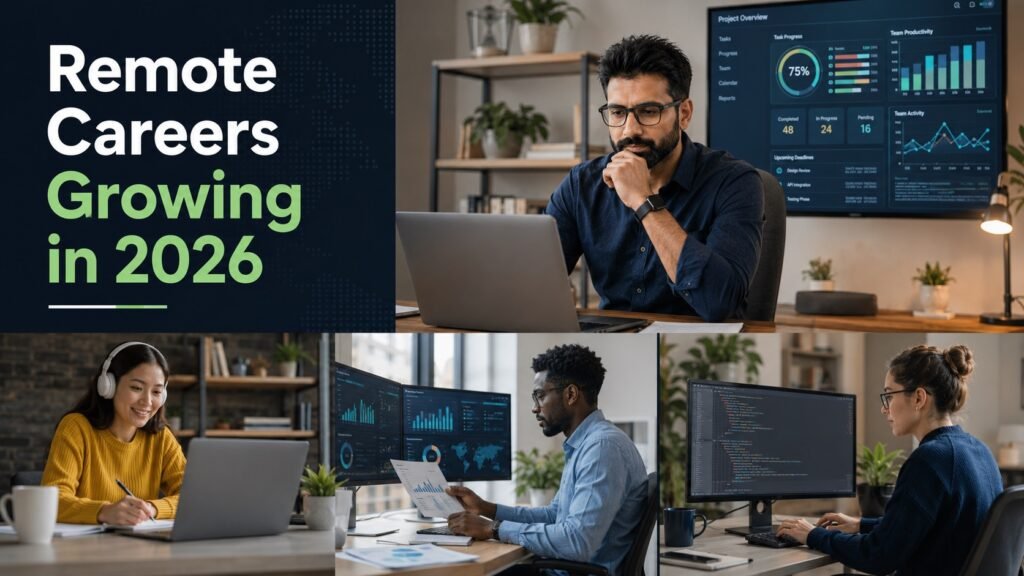 Remote Careers That Are Still Growing in 2026 (And Why They Matter for the Next 5 Years) Professionals working in growing remote careers including project management, analytics, technology, and digital operations.