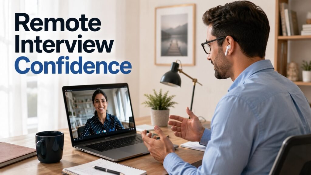 Professional candidate preparing confidently for a remote job interview from a home office