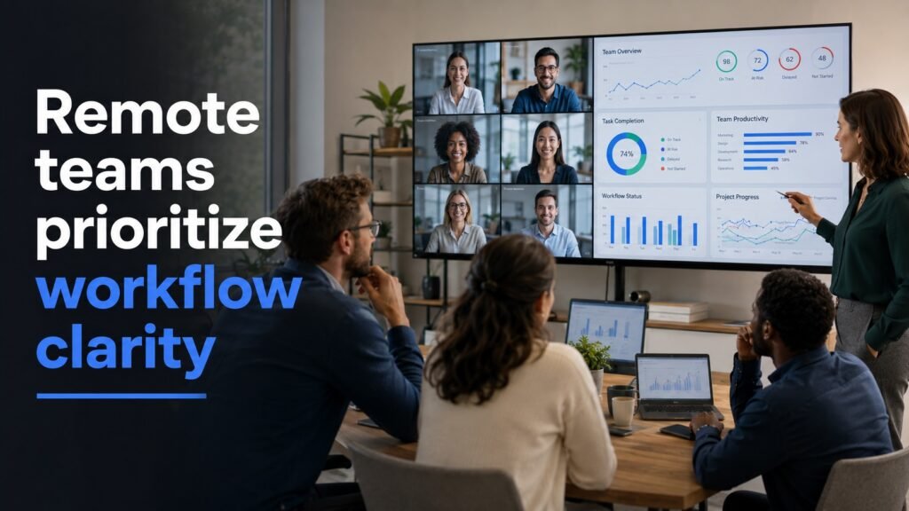 Remote Teams Prioritize Workflow Clarity Over Hiring Growth in 2026 Remote professionals reviewing workflow systems and productivity analytics during a distributed team strategy meeting.