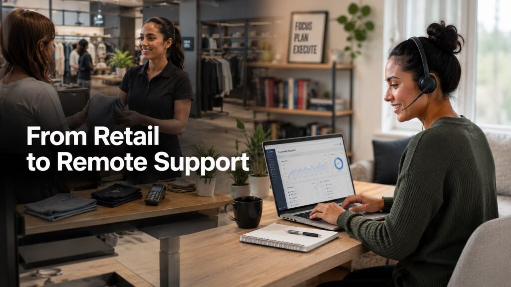 Professional transitioning from retail and hospitality work into a remote customer support career