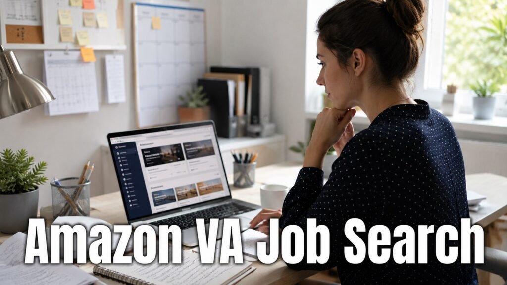 Virtual assistant job seeker reviewing Amazon administrative support and remote job opportunities from a home office