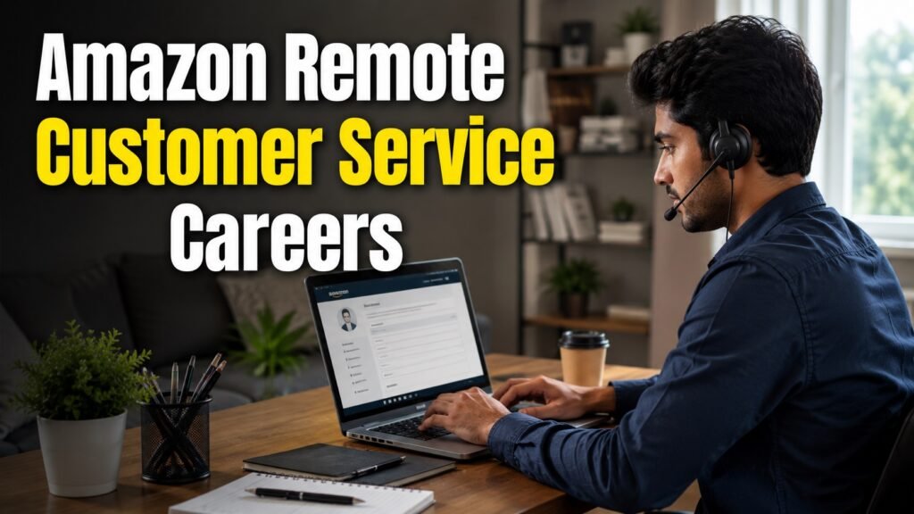 Entry-level job seeker applying for Amazon remote customer service careers from a home office