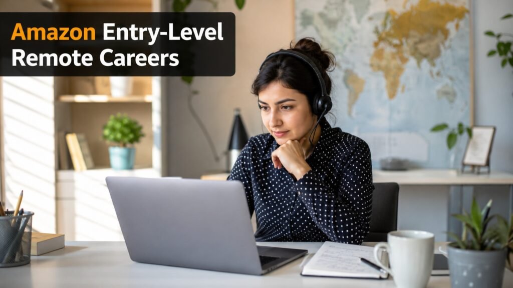 Professional job seeker applying for Amazon entry-level remote customer service careers from a modern home office.