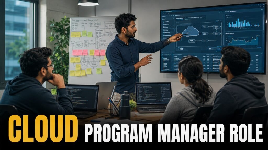 Technical program manager reviewing cloud engineering roadmap with software team.