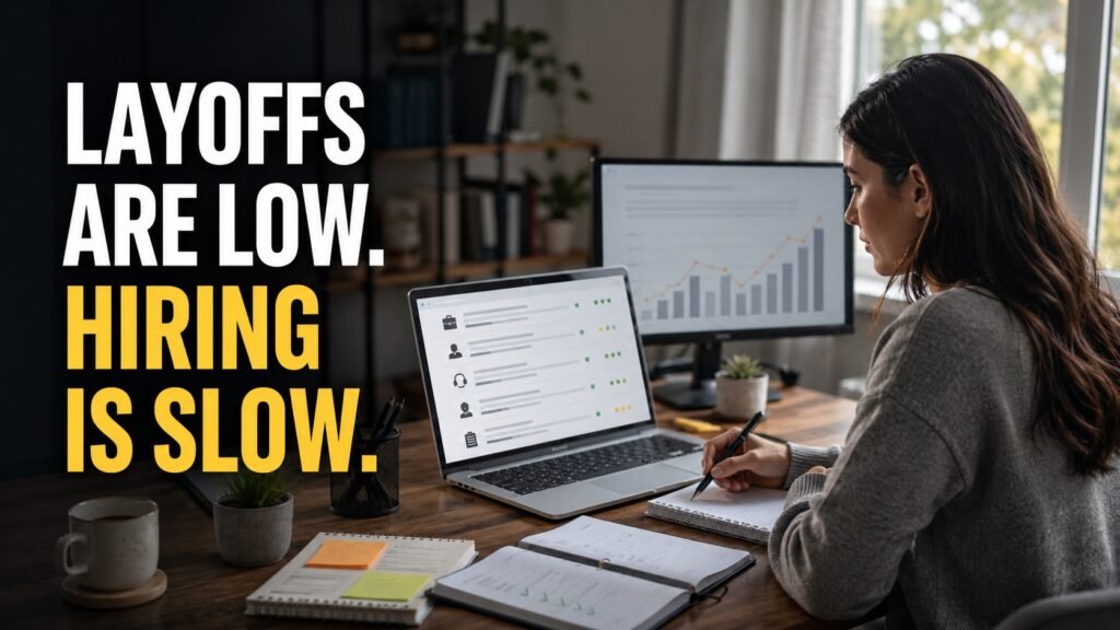 Entry-level job seeker tailoring a resume and reviewing remote job openings during a slow-hiring labor market.