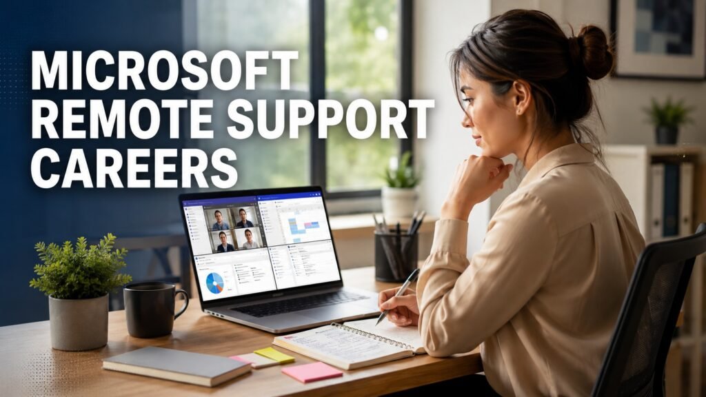 Virtual assistant job seeker reviewing Microsoft administrative and executive support career opportunities from a home office