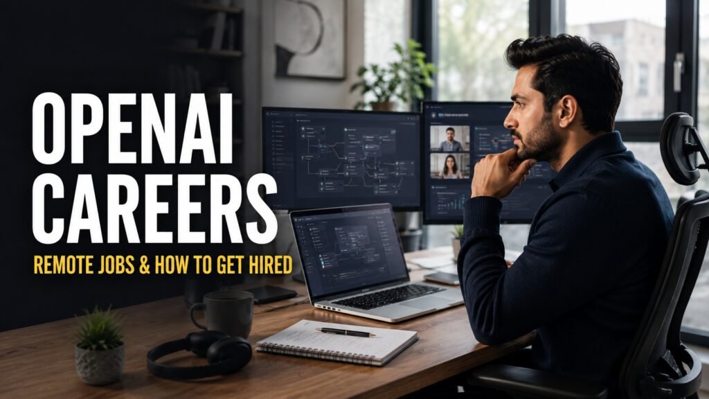 Professional preparing an application for OpenAI careers from a modern remote workspace while exploring AI career opportunities.