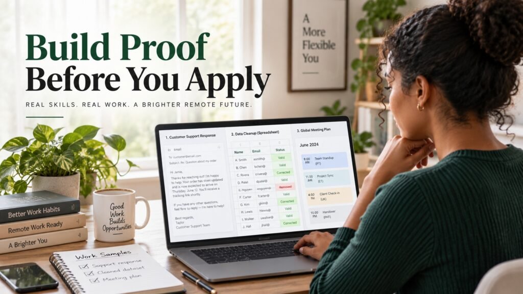 Remote job seeker creating customer support, data entry and scheduling work samples before applying Title