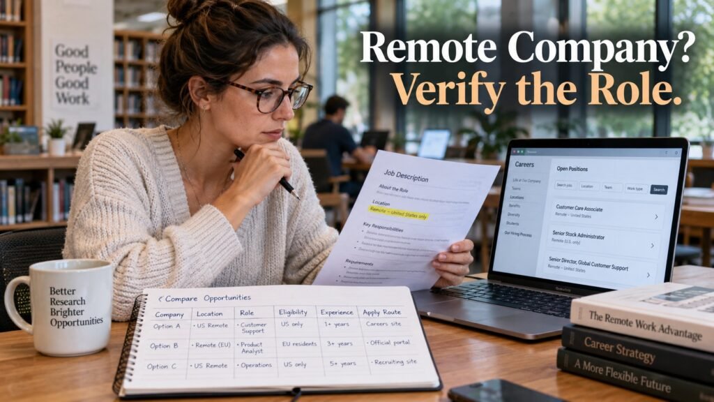 Professional comparing remote job location eligibility, experience requirements, and official application routes before applying.