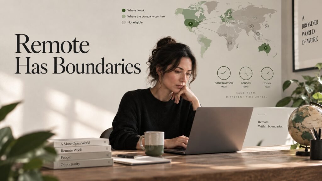 Professional reviewing a remote job while a world map shows geographic hiring boundaries and time-zone differences.