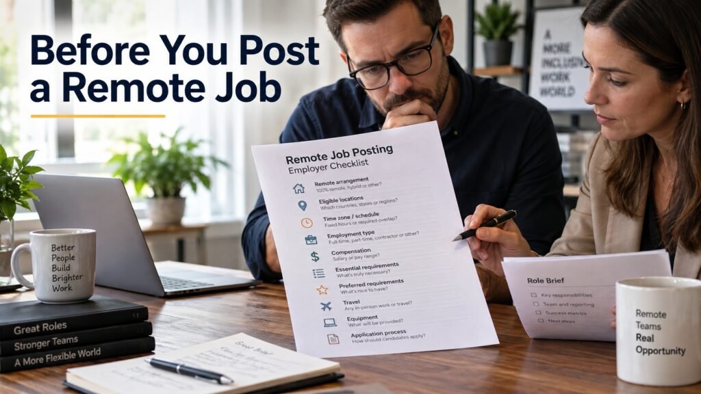 Two hiring professionals reviewing a remote job posting checklist covering eligibility, schedule, compensation, requirements, travel, equipment and application steps.