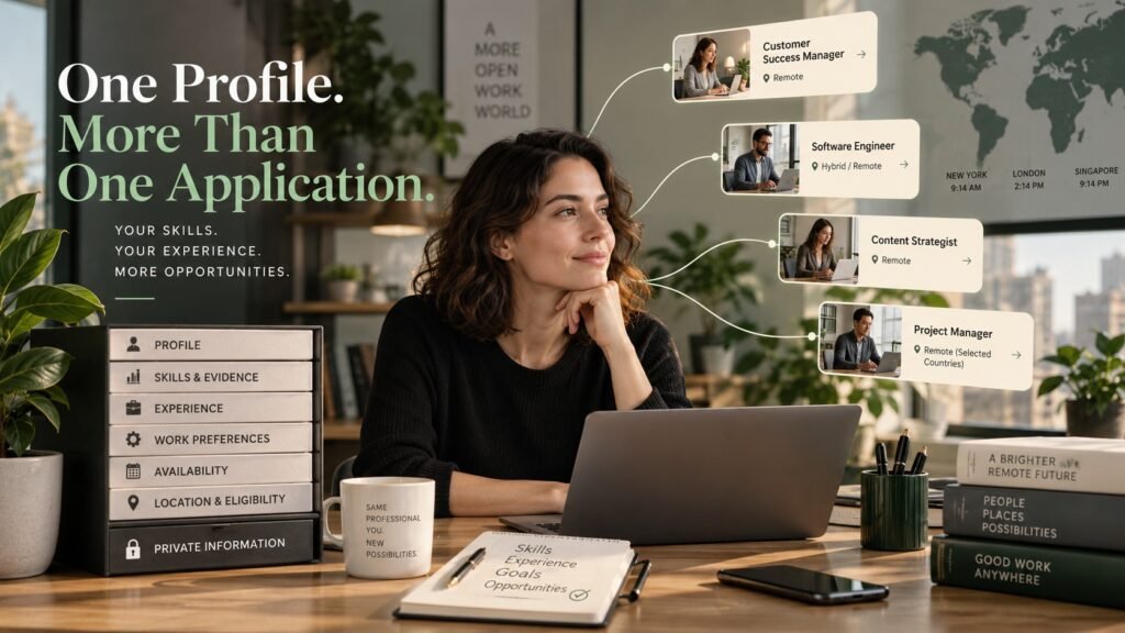 Remote professional using one reusable career profile to connect skills, experience, work preferences and eligibility with multiple remote job opportunities.