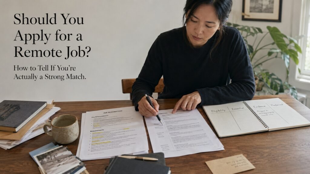 Remote job candidate comparing a job description with their resume and notes before deciding whether to apply.