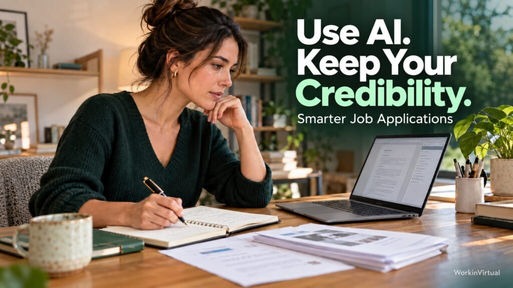 Job seeker reviewing a résumé beside the headline “Use AI. Keep Your Credibility.”