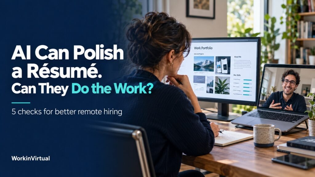 Hiring professional reviews a portfolio during a video interview. Text reads: “AI Can Polish a Résumé. Can They Do the Work? 5 checks for better remote hiring.”