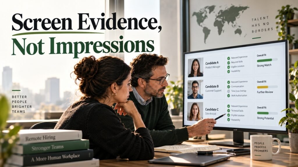 Hiring professionals reviewing structured candidate evidence for a remote role.