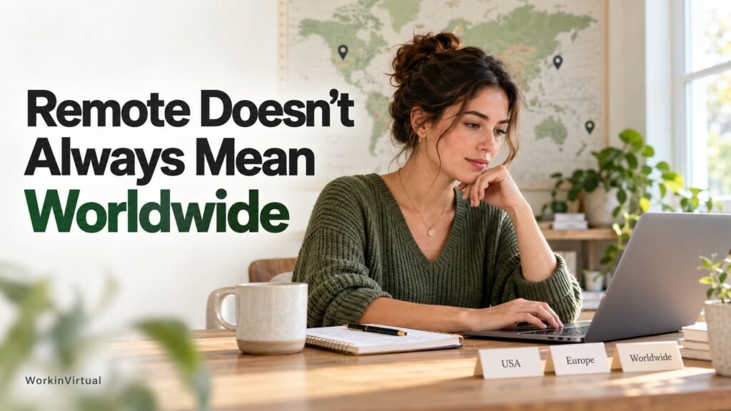 Woman using a laptop beside USA, Europe and Worldwide location cards, with the headline “Remote Doesn’t Always Mean Worldwide.”
