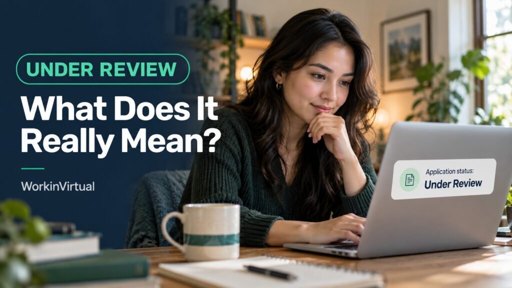 Job seeker checking a laptop beside the headline “Under Review: What Does It Really Mean?”
