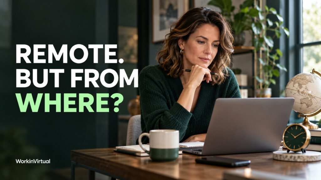 Professional reviewing a laptop beside a globe and clock, with the overlay “Remote. But from where?”
