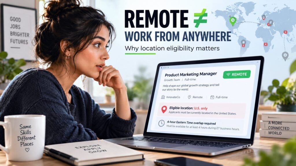 Remote job seeker reviewing a listing restricted to U.S. applicants, illustrating why remote work does not always mean work from anywhere.