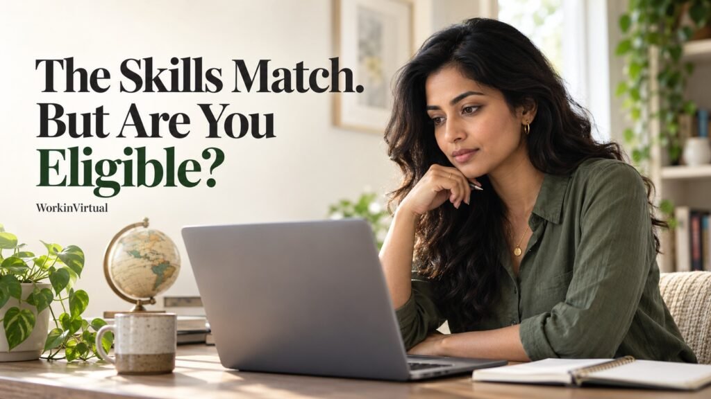 Woman reviewing a laptop beside a globe, with text reading “The Skills Match. But Are You Eligible?”