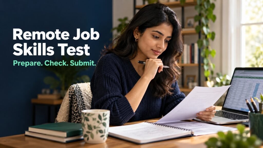 Candidate reviewing an assessment brief beside a laptop, with the text “Remote Job Skills Test — Prepare. Check. Submit.”