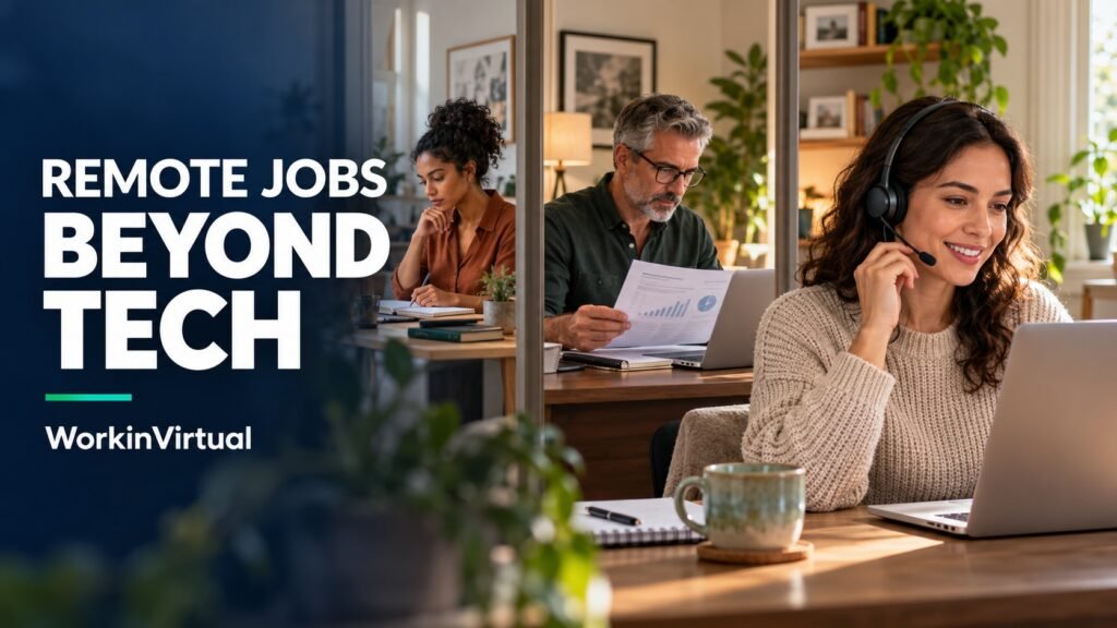 Three professionals working from home in customer support, finance and operations, with the headline “Remote Jobs Beyond Tech.”
