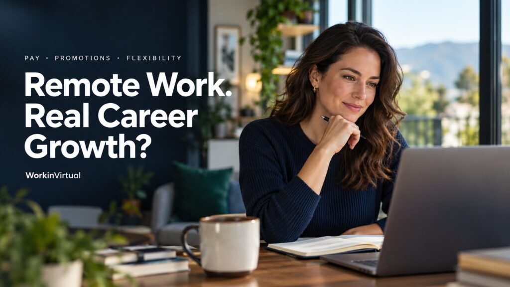Professional working on a laptop at home beside the text “Remote Work. Real Career Growth?”