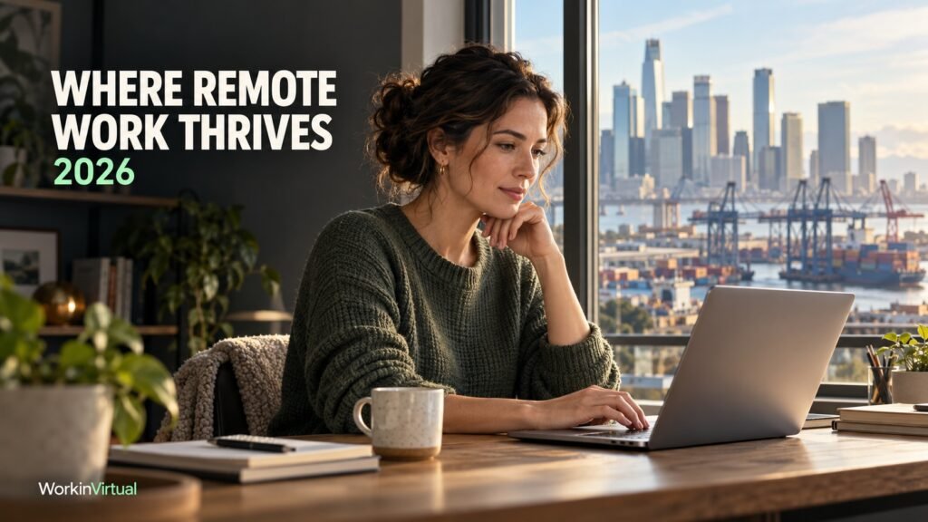 Woman working on a laptop overlooking a city and port, with the overlay “Where Remote Work Thrives 2026.”