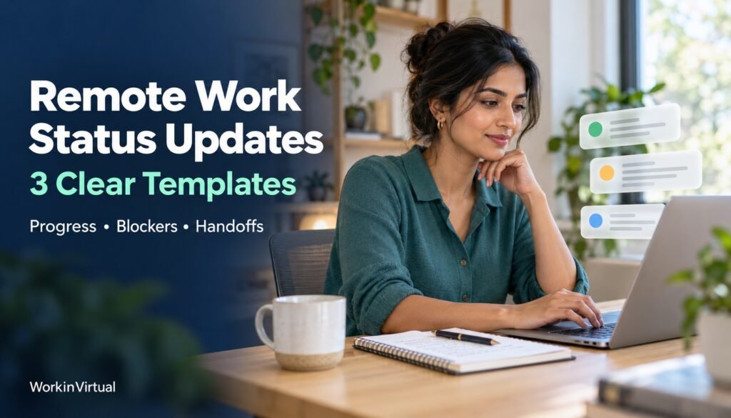 Remote professional working on a laptop beside the text “Remote Work Status Updates: 3 Clear Templates.”