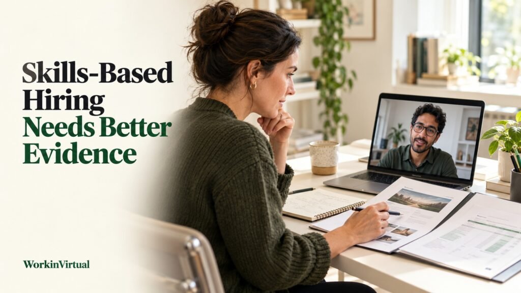 Hiring manager reviews work samples during a video interview, with text reading “Skills-Based Hiring Needs Better Evidence.”