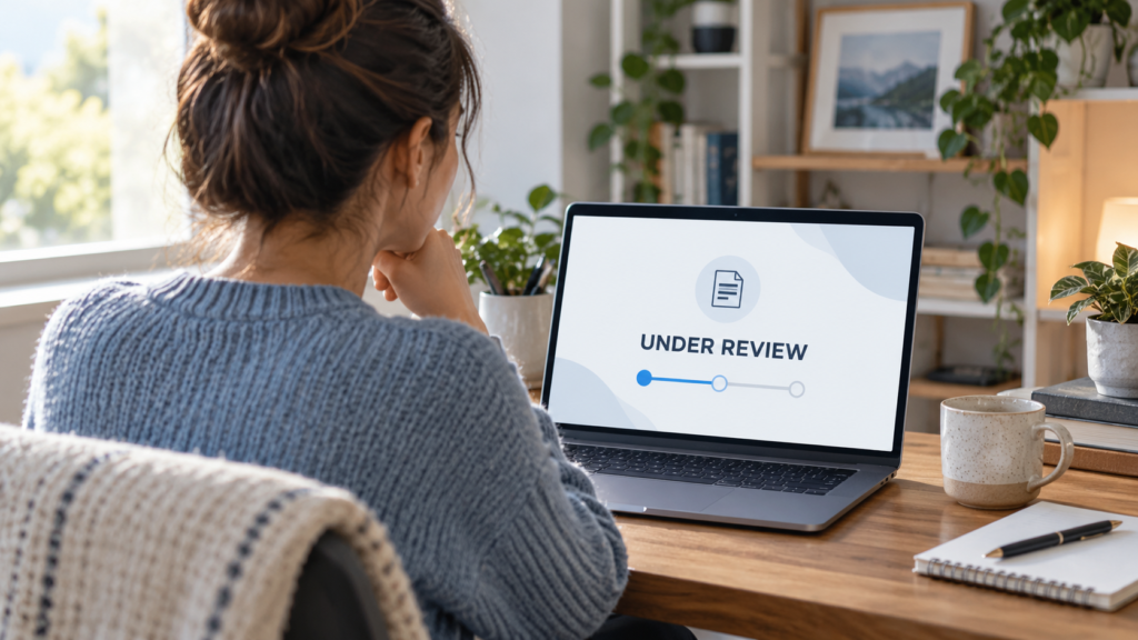 Job seeker reviewing an application status on a laptop