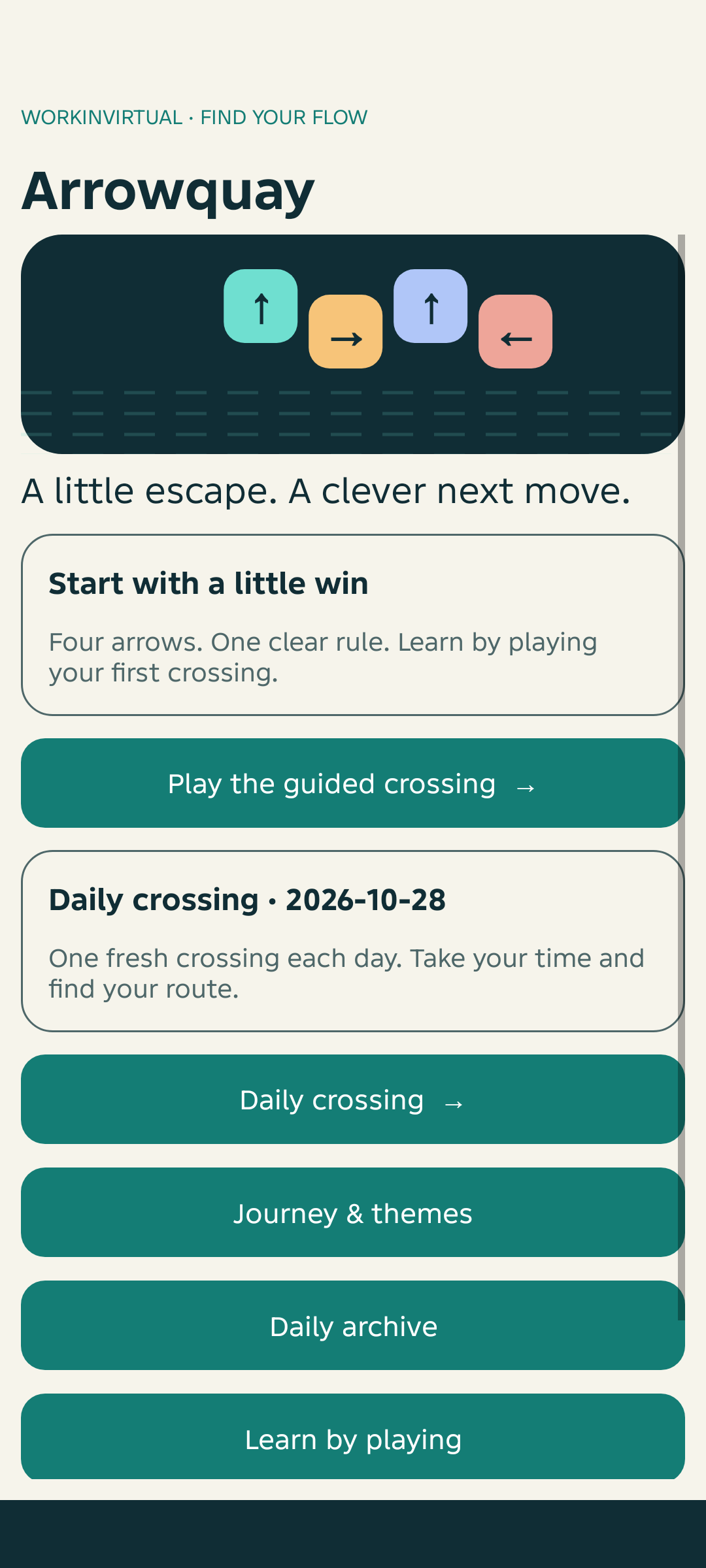 Arrowquay home with a guided crossing and daily puzzle