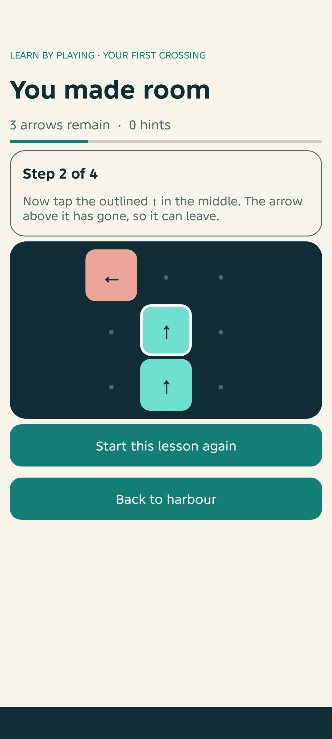 A guided puzzle outlines the next arrow and explains its open path